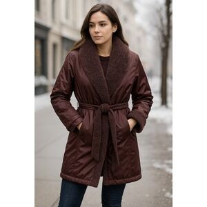 Vtg Outbrook Reversible Sherpa Teddy Belted Coat Jacket Burgundy Womens XL 16-18